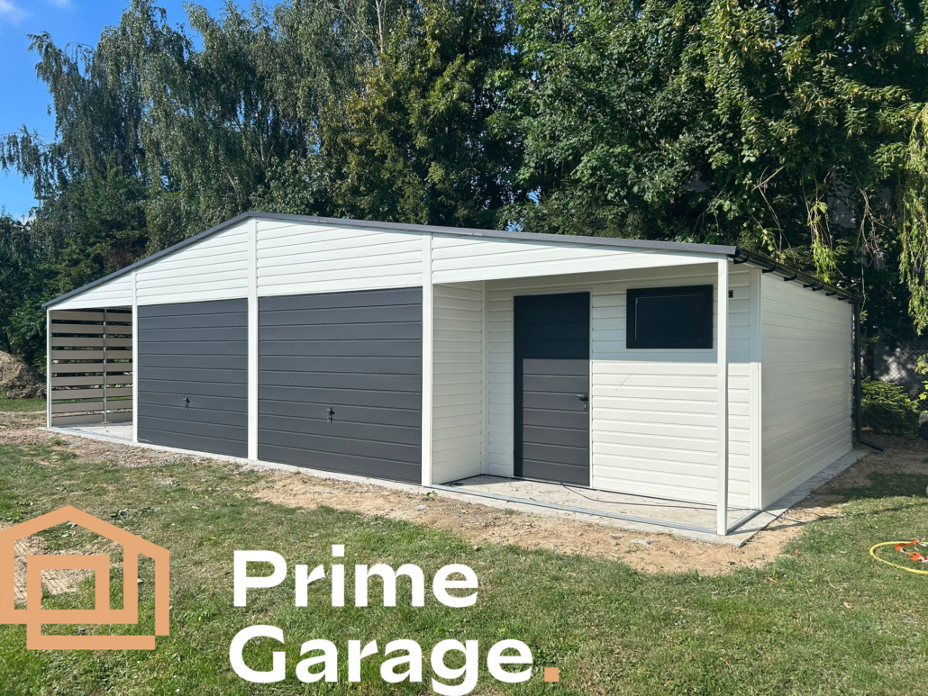 Garaż: szer: 12m x dł: 6 m biały + wnęka + wiata