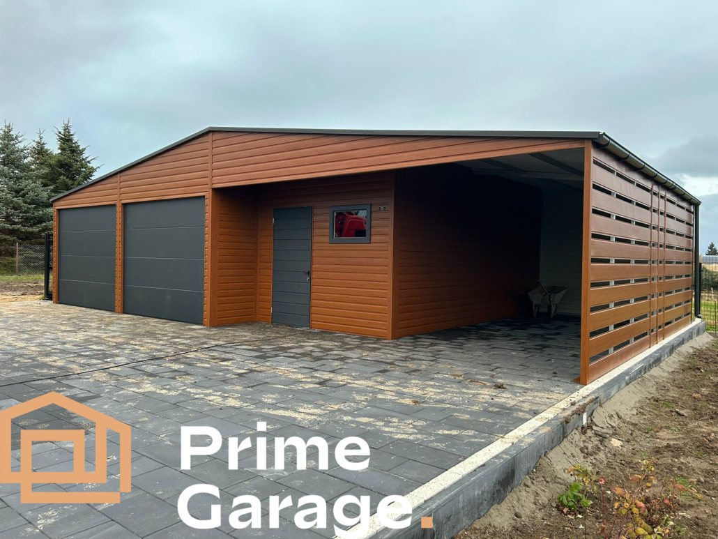 Garaż: szer: 12m x dł: 7 m ciemny złoty dąb + wnęka + wiata