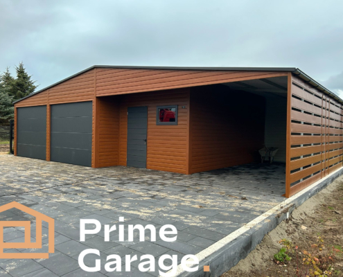 Garaż: szer: 12m x dł: 7 m ciemny złoty dąb + wnęka + wiata